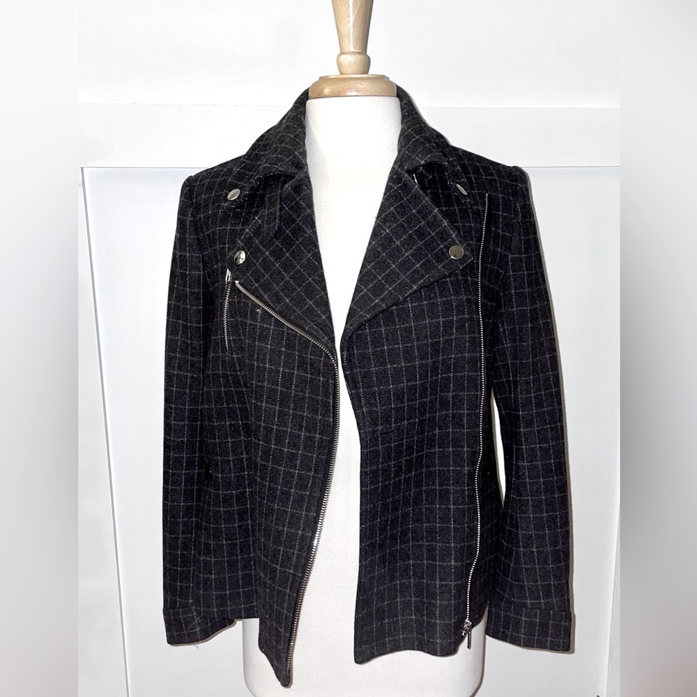 FILIPPA K // Swedish 🇸🇪 brand wool blend grid pattern moto jacket swing coat